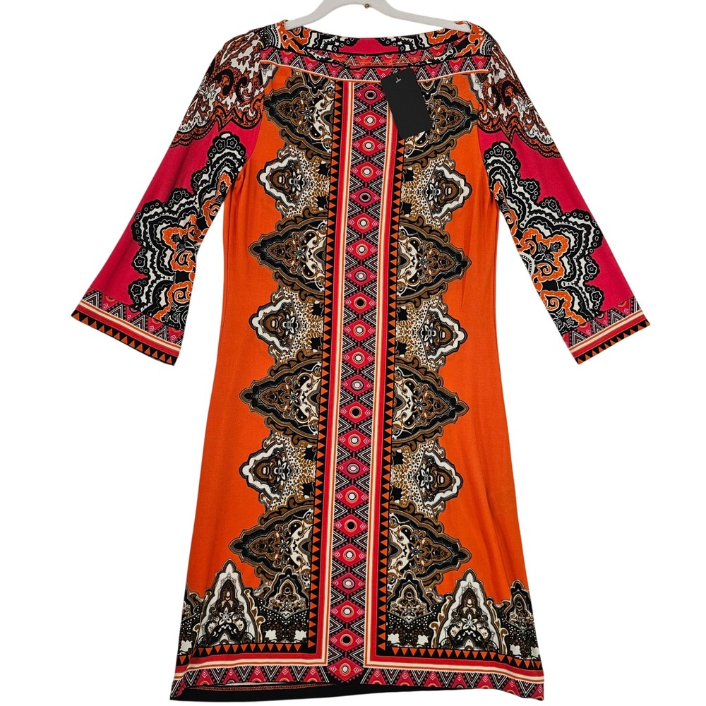 ECI New York Womens Size 4 Orange Paisley Medallion 3/4 Sleeve Sheath Dress